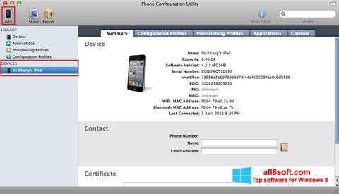Posnetek zaslona iPhone Configuration Utility Windows 8