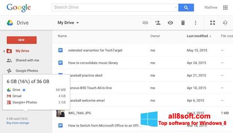 Posnetek zaslona Google Drive Windows 8
