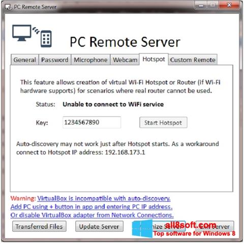 Posnetek zaslona PC Remote Server Windows 8