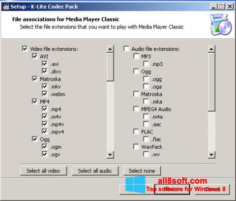 Posnetek zaslona K-Lite Codec Pack Windows 8